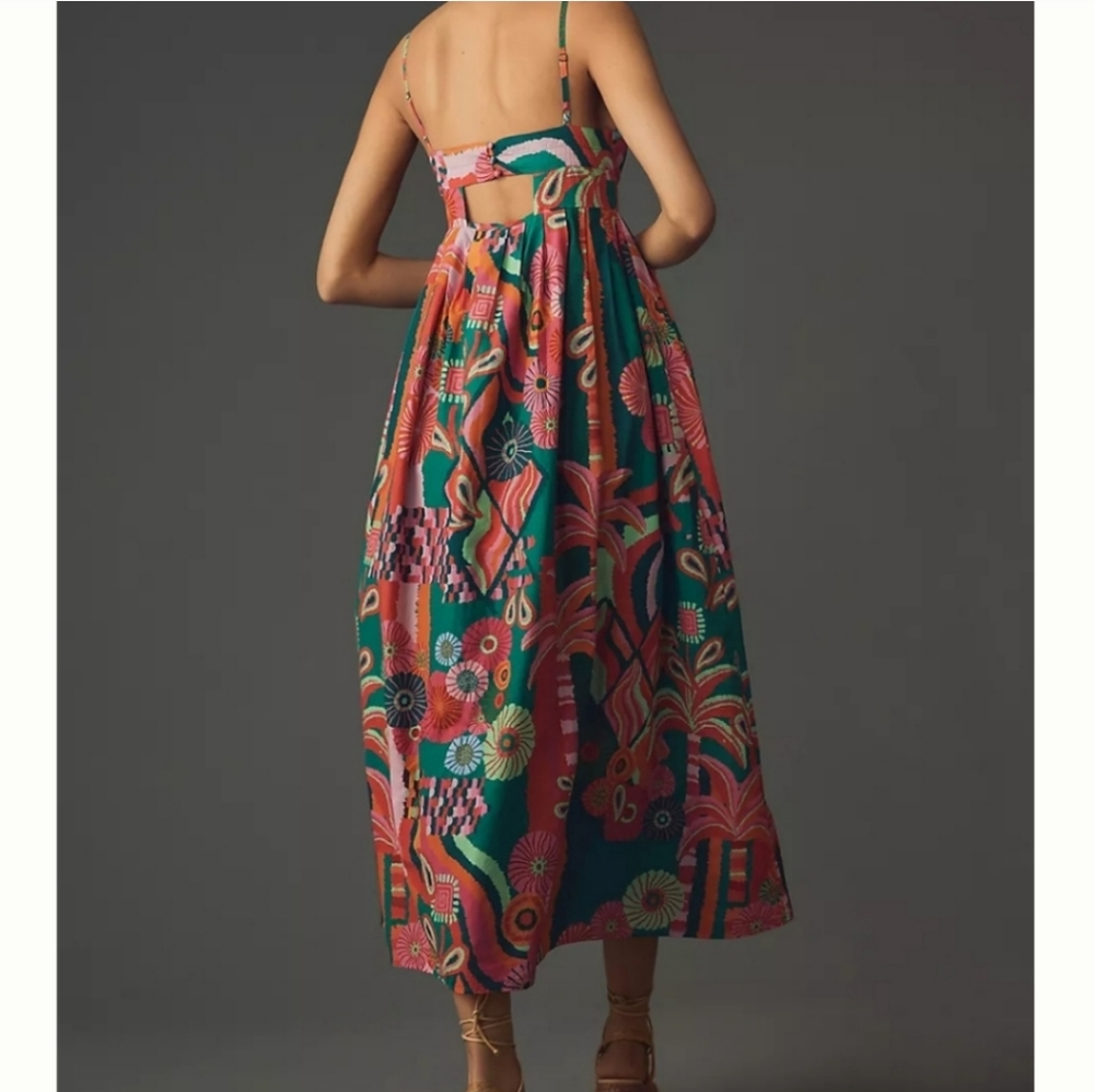 Farm Rio × Anthropologie Pleated Palm Midi Dress In Pink Size Small - Picture 4 of 9